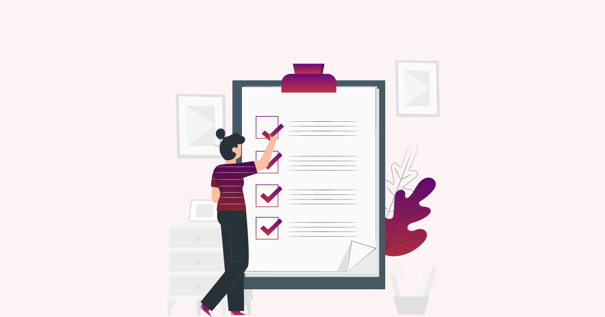 A checklist image. A person is standing next to a clipboard with a checklist. The checklist is on a white background.