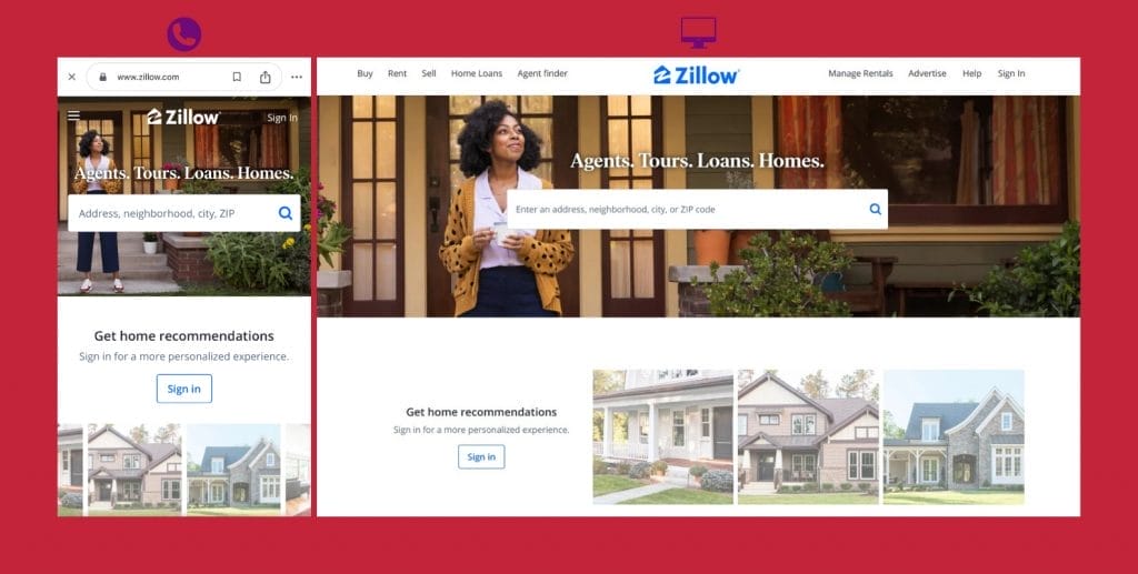 Zillow website on both desktop and mobile