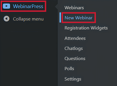 Accessing WebinarPress from the WordPress dashboard.
