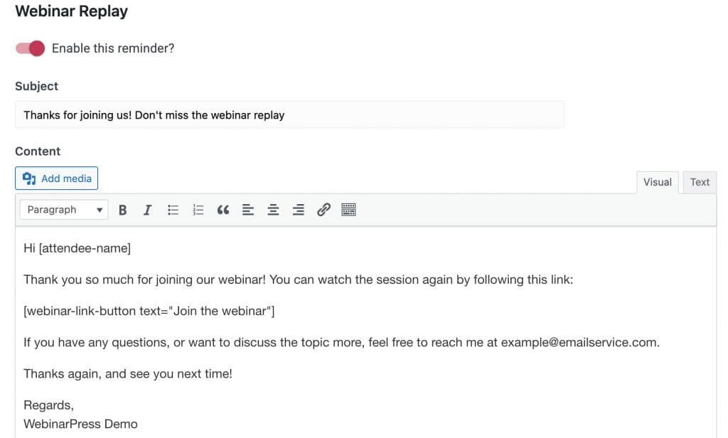 Sample follow-up message with a simple thank you and link to the webinar recording.