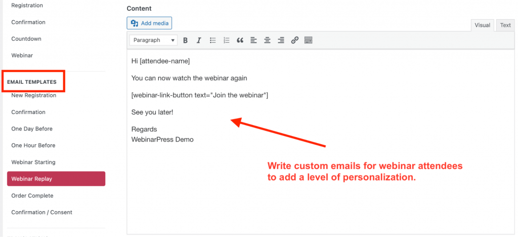 WebinarPress’ customizable email templates