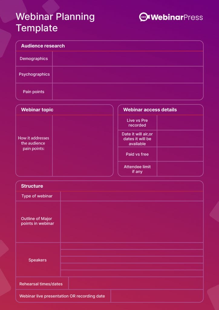 Graphic of our downloadable webinar planning template. 