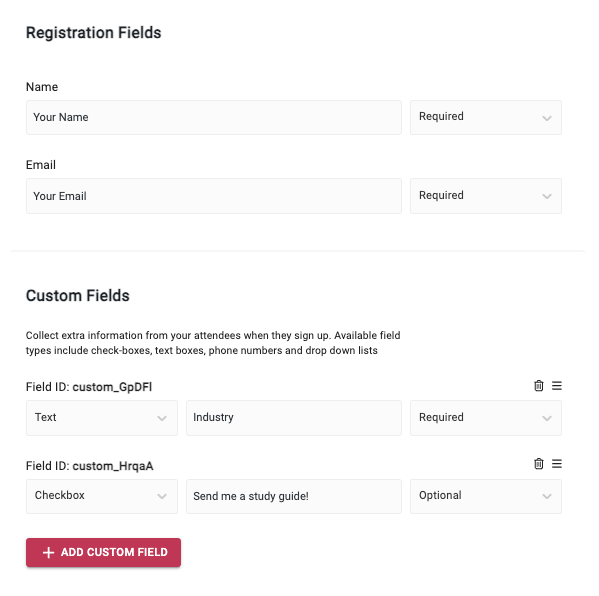 WebinarPress's custom registration fields can be used to gather insights into leads' interests. Registration widget created using these settings pictured in next screenshot. 