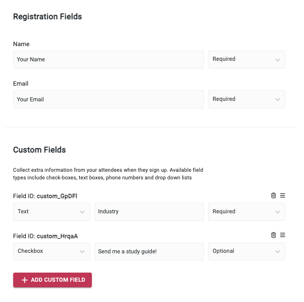 WebinarPress's custom registration fields can be used to gather insights into leads' interests. Registration widget created using these settings pictured in next screenshot.