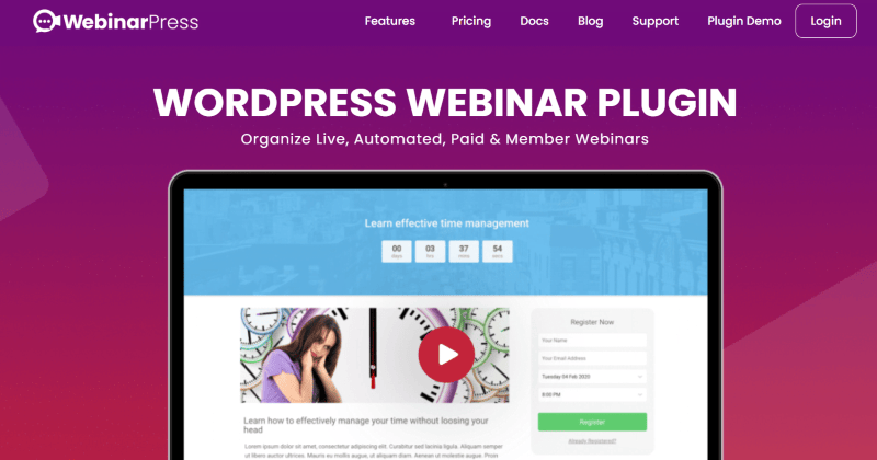 WebinarPress website homepage, reads “WordPress Webinar Plugin: Organize Live, Automated, Paid & Member Webinars.”