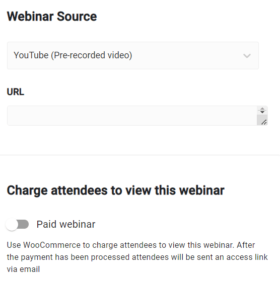 WebinarPress Webinar Room link asking for YouTube live stream.