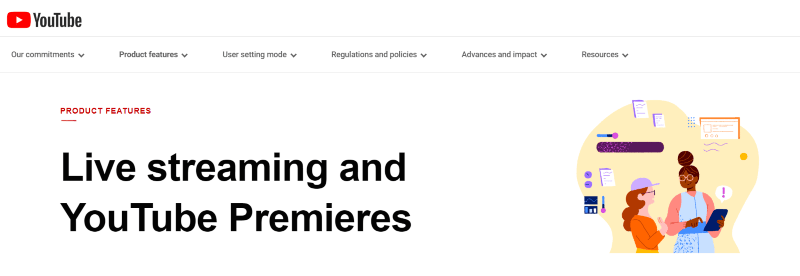 YouTube Live website, main text reads “Live streaming and YouTube Premiers.” 