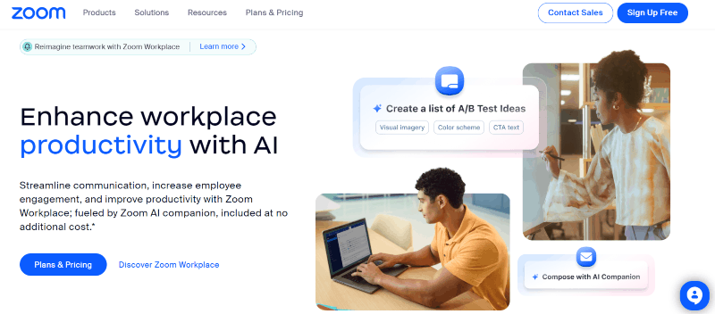 Zoom website, main text reads “Enhance workplace productivity with AI”